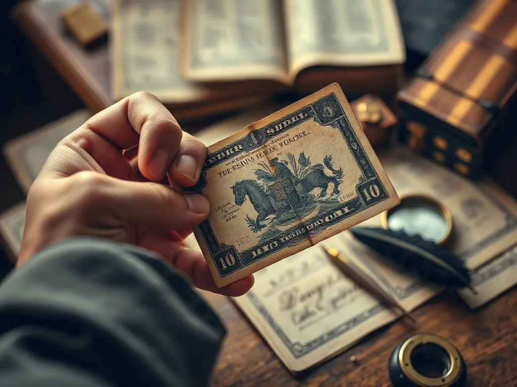Starsze dłonie trzymają zabytkowy banknot na tle biurka z dawnymi przyborami do pisania, podkreślając historyczny charakter.