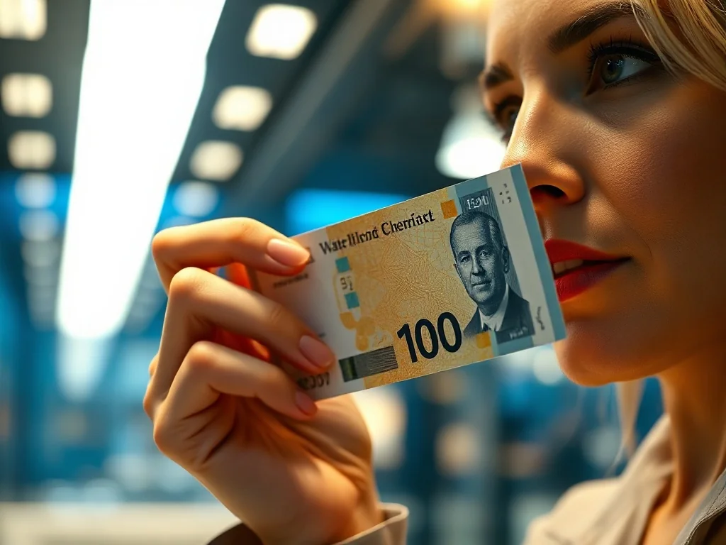 Kobieta sprawdza autentyczność banknotu pod światło, weryfikując znak wodny i pasek zabezpieczający.