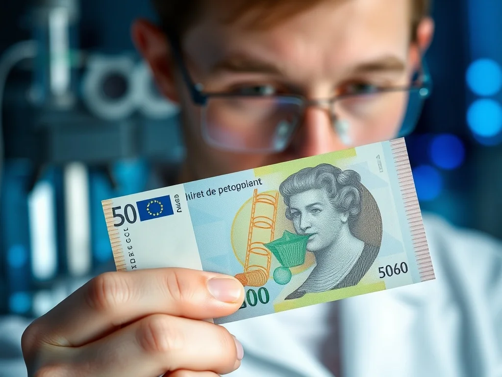 Dłoń trzymająca nowoczesny banknot polimerowy na tle laboratorium, podkreślająca zaawansowaną technologię jego produkcji.