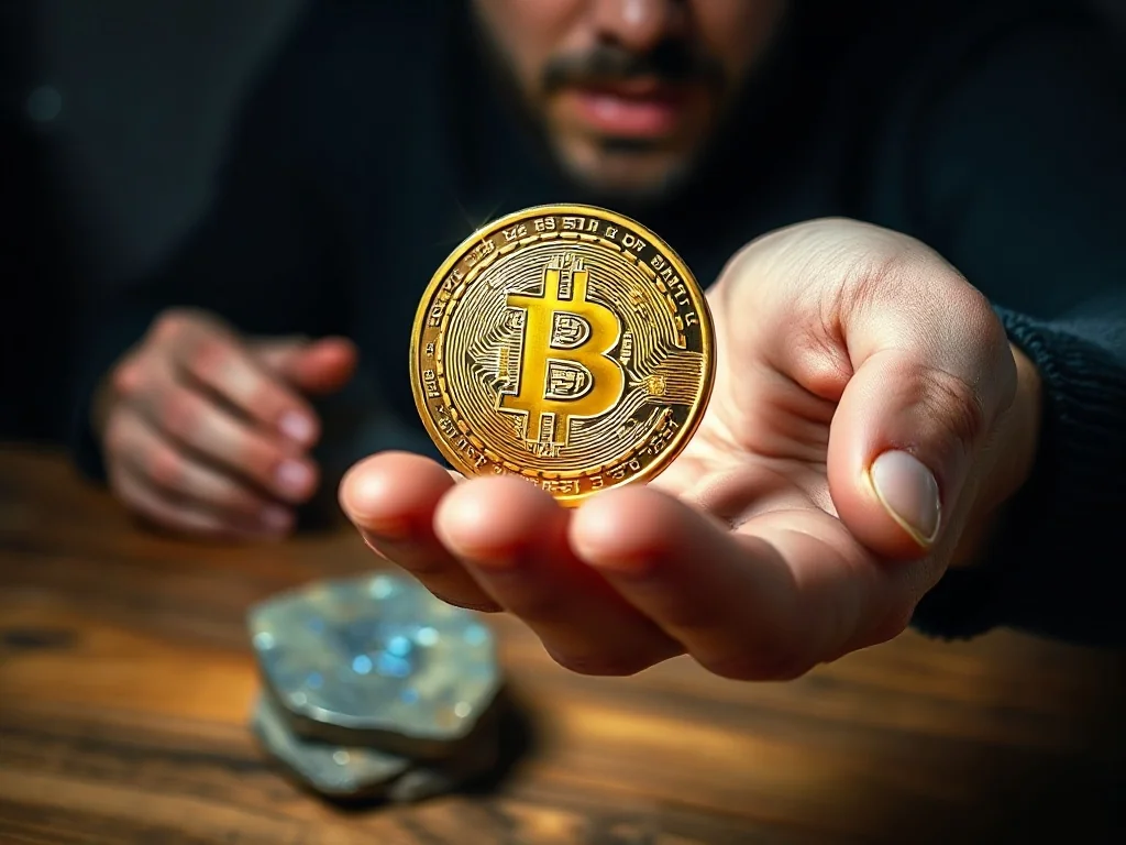 Dłoń trzymająca złotą monetę, która przechodzi w cyfrowy kod, symbolizując ewolucję pieniądza od barteru do kryptowalut.