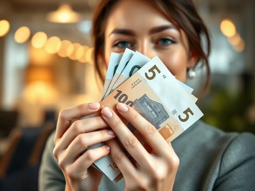 Kobieta trzymająca w dłoniach plik nowych banknotów na tle nowoczesnego biura finansowego.