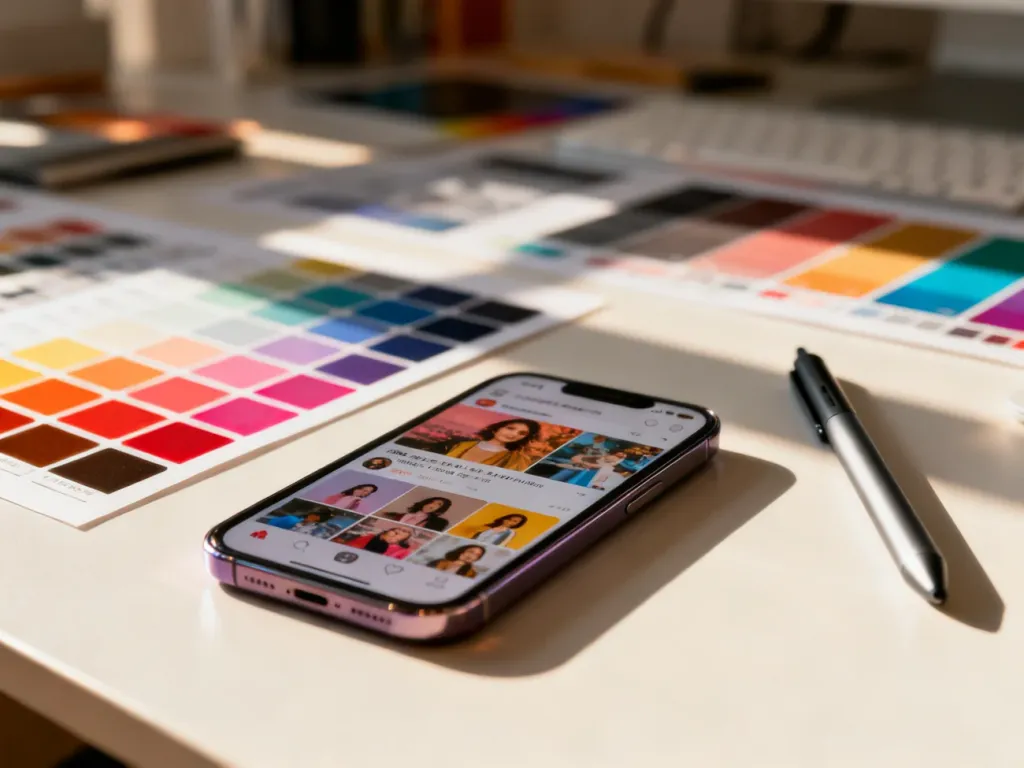 Profesjonalne narzędzia projektanta i smartfon z siatką postów na minimalistycznym biurku, symbolizujące spójny branding.