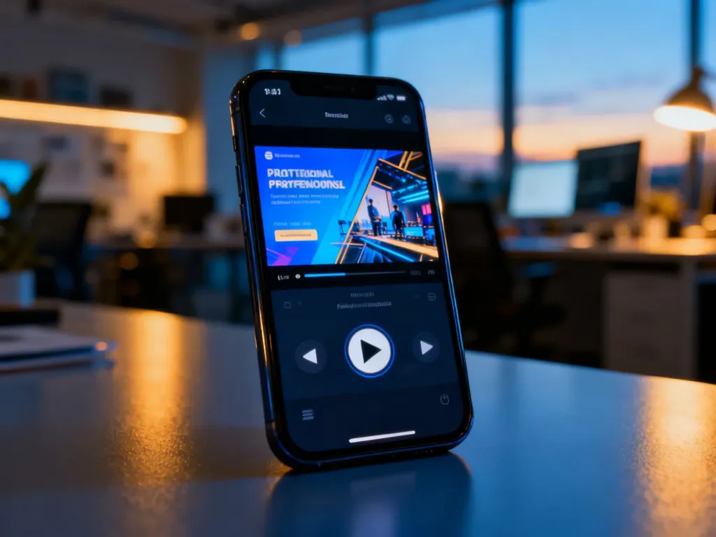 Smartfon z wyświetloną profesjonalną reklamą wideo w nowoczesnym biurze, ilustrujący formaty reklamowe na Facebooku.