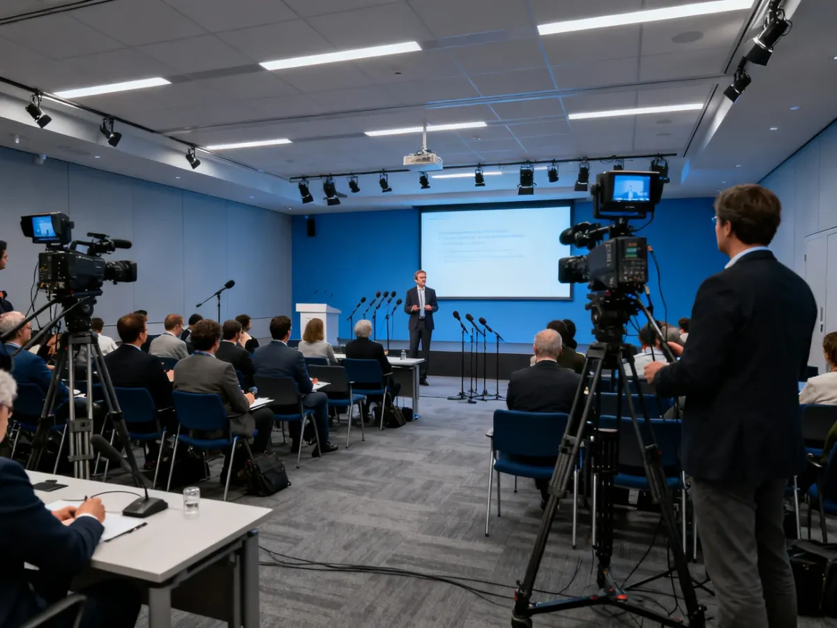 Konferencja prasowa z dziennikarzami, kamerami i prelegentem w sali konferencyjnej