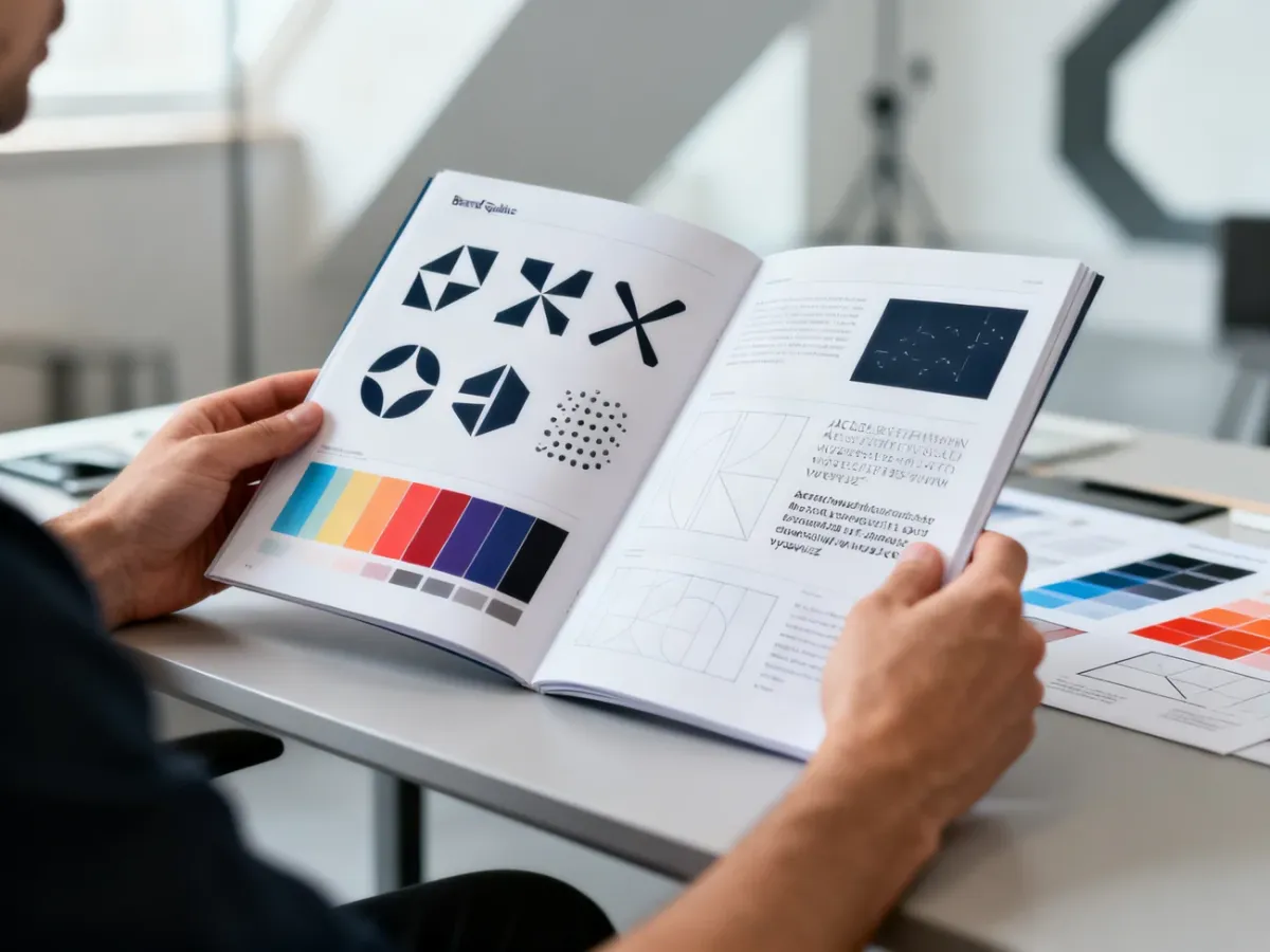 Otwarta księga identyfikacji wizualnej z próbkami kolorów, typografią i układami materiałów na biurku