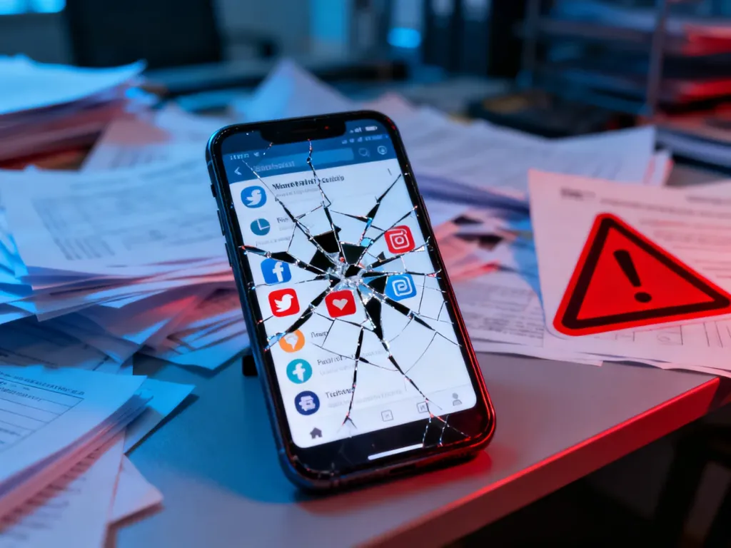 Smartfon z uszkodzonym interfejsem mediów społecznościowych na tle chaotycznego biura, symbolizujący błędy w influencer marketingu.