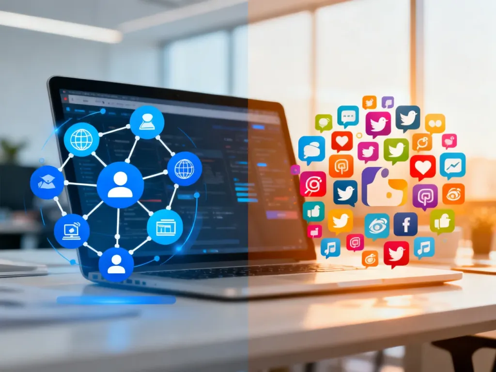 Porównanie platform reklamowych LinkedIn i Facebook w nowoczesnym biurowym otoczeniu.
