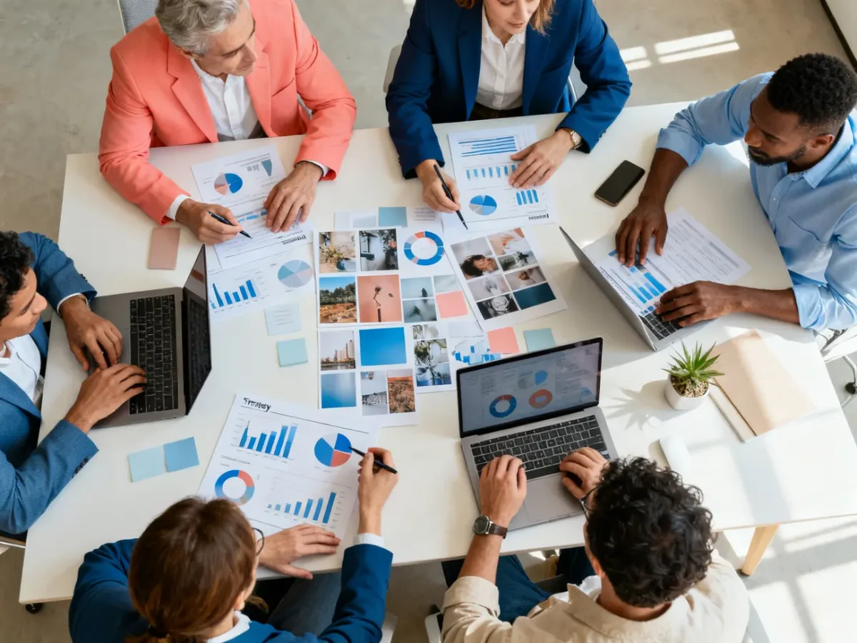 Zespół marketingowy opracowujący strategię komunikacji marki przy wspólnym stole