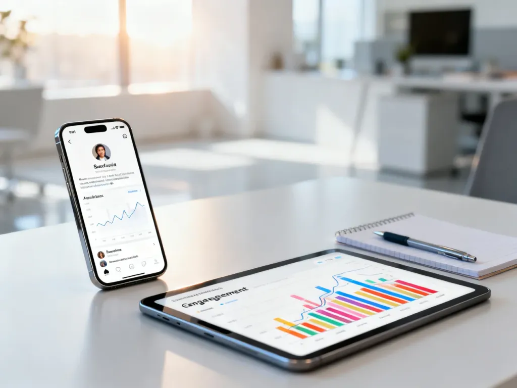 Nowoczesne biurko z tabletem i smartfonem wyświetlającymi analitykę mediów społecznościowych do oceny influencerów.