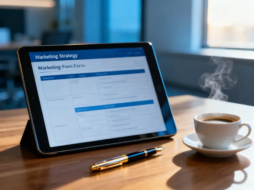 Tablet z formularzem strategii marketingowej na biurku, przygotowany do planowania kampanii reklamowych na Facebooku.