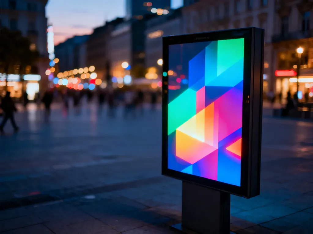 Nowoczesny cyfrowy ekran reklamowy z kolorową grafiką w centrum miasta o zmierzchu.