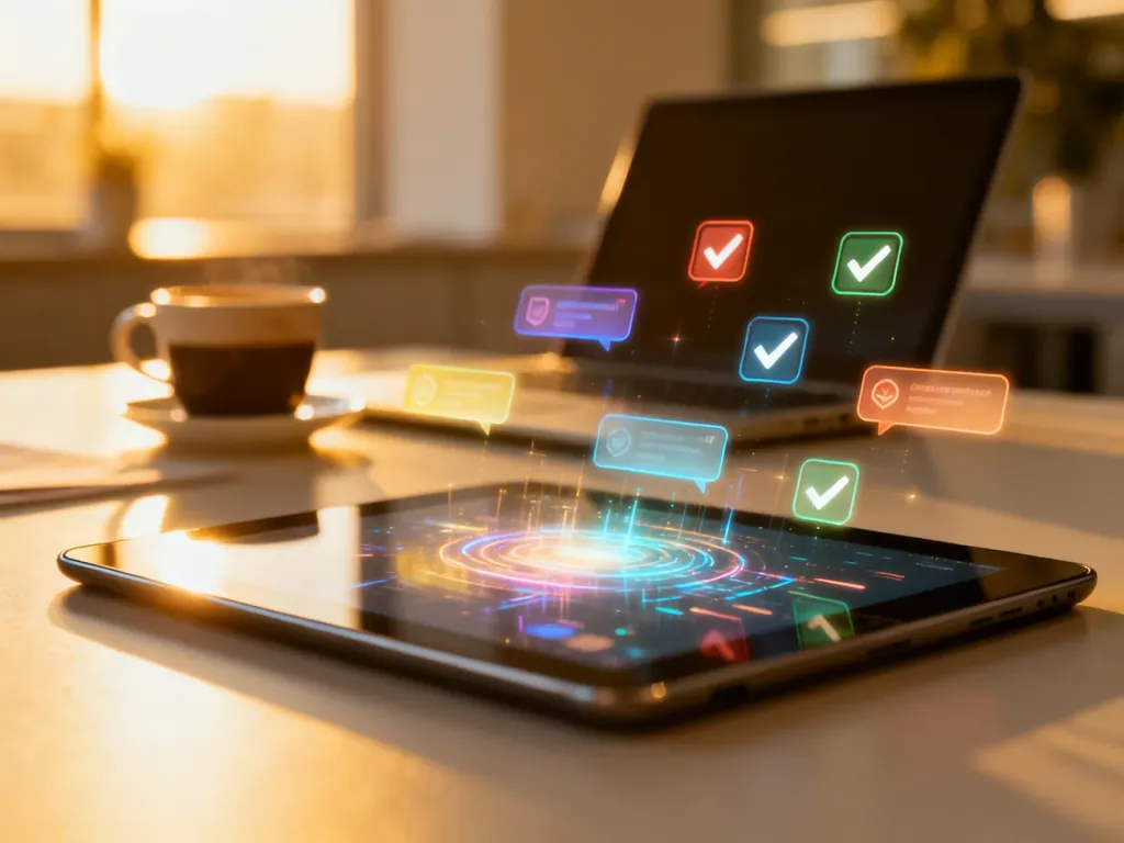 Tablet z interfejsem quizu marketingowego na biurku w nowoczesnym biurze, symbolizujący test wiedzy o reklamach na Facebooku.