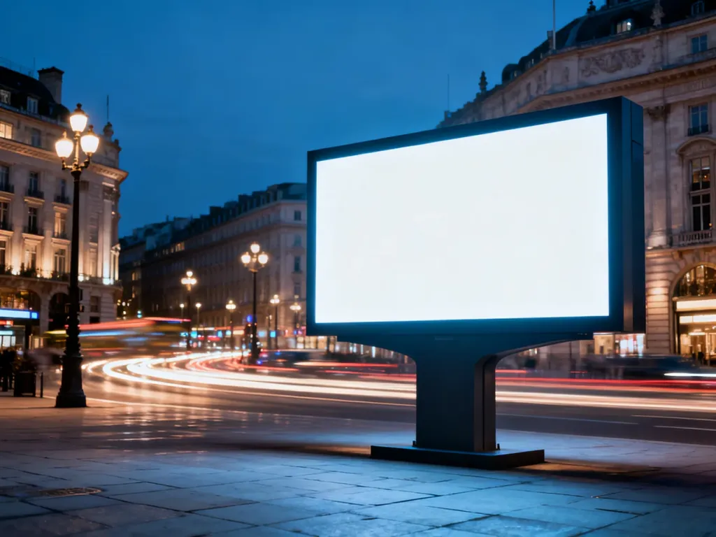 Pusty, nowoczesny billboard cyfrowy na tle tętniącego życiem miasta o zmierzchu, ilustrujący potencjał reklamy zewnętrznej.