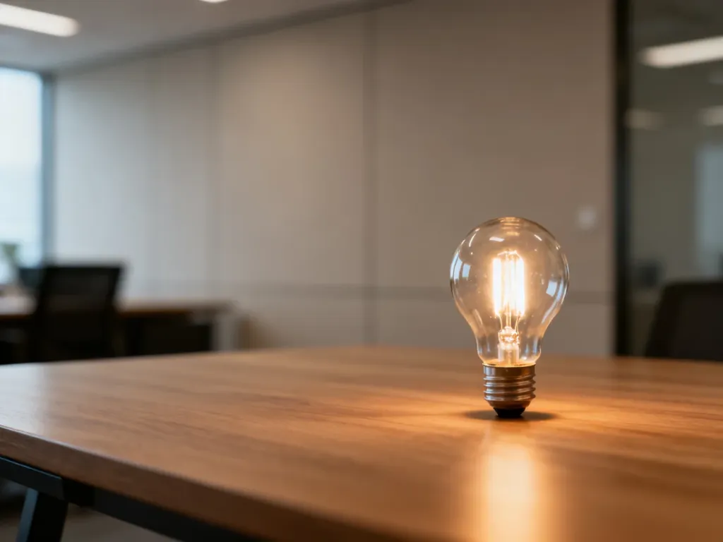 Świecąca żarówka na drewnianym stole jako symbol inspiracji i budowania świadomości społecznej.