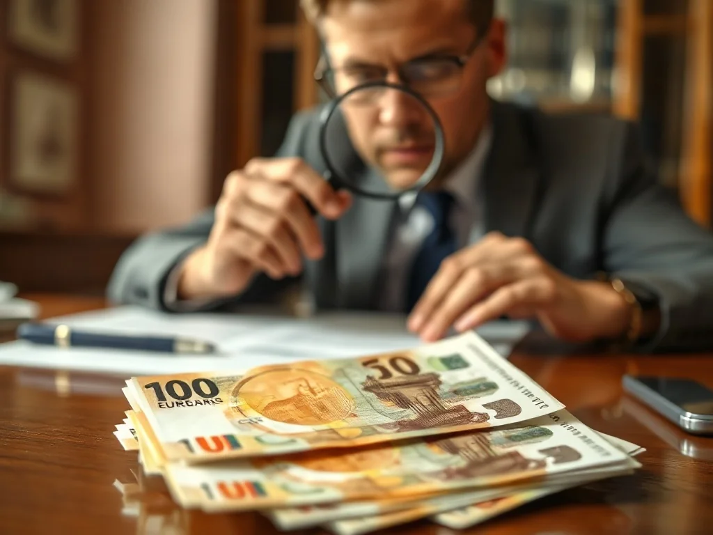 Zbliżenie na banknoty euro z widocznymi numerami seryjnymi oraz mężczyzna analizujący dokumenty w tle.