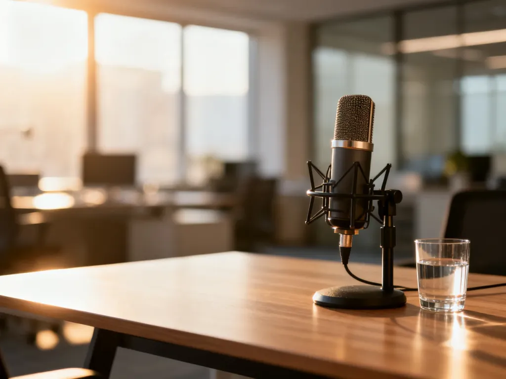 Profesjonalne studio nagraniowe z mikrofonem na biurku, przygotowane do przeprowadzenia wywiadu medialnego.