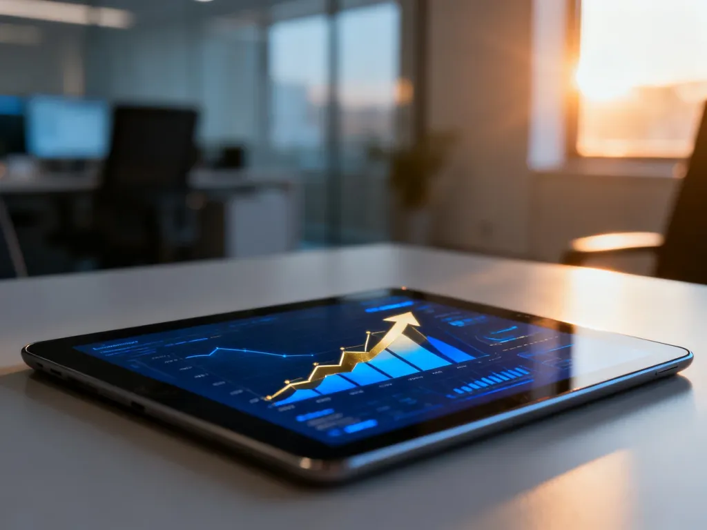 Tablet z wykresami wzrostu i danymi analitycznymi na biurku w nowoczesnym biurze, symbolizujący optymalizację kampanii reklamowych.