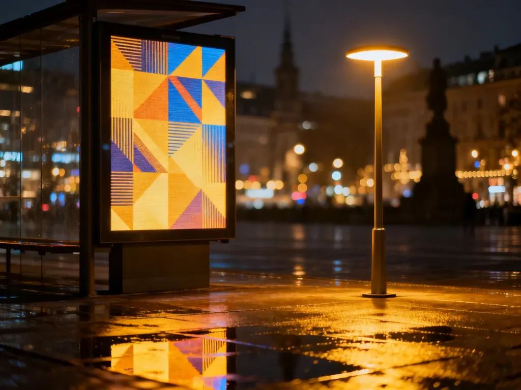 Wielkoformatowy cyfrowy billboard z abstrakcyjną grafiką w centrum nocnego miasta, ilustrujący nowoczesną reklamę wizualną.