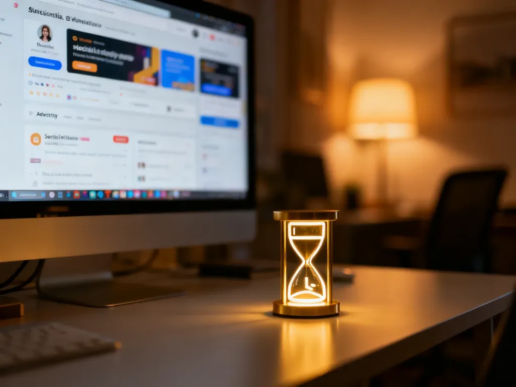 Monitor komputera z panelem reklamowym oraz klepsydra symbolizująca czas oczekiwania na weryfikację kampanii na Facebooku.