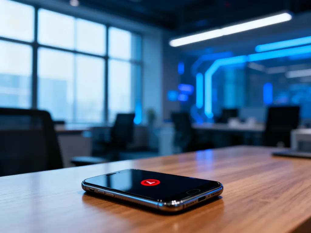 Smartfon z czerwonym powiadomieniem na biurku, symbolizujący zarządzanie kryzysowe w nowoczesnym środowisku biznesowym.