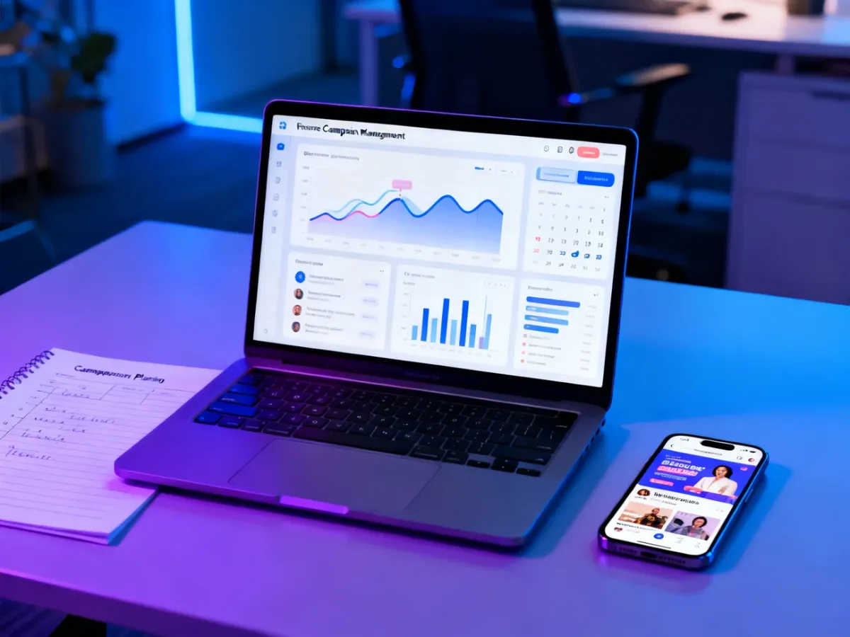 Laptop with a digital advertising campaign dashboard and social media ad preview