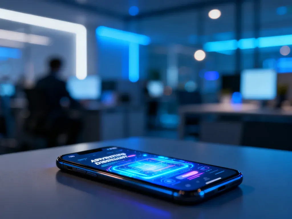 Smartfon z nowoczesnym interfejsem panelu reklamowego w profesjonalnym biurowym otoczeniu.