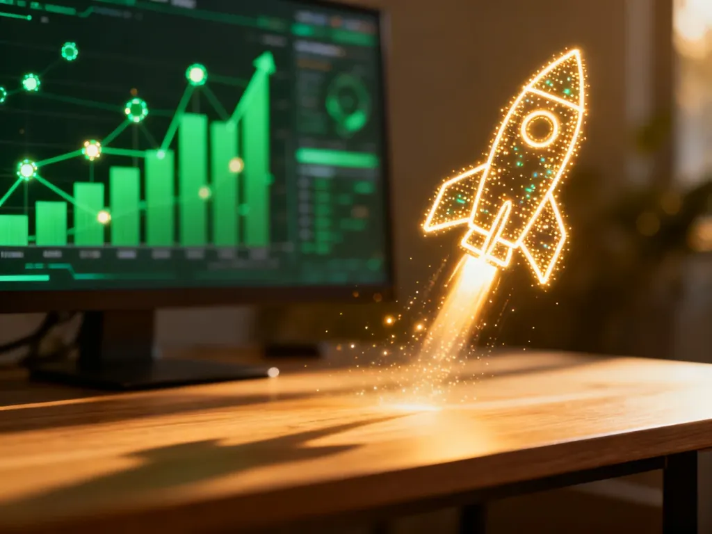 Cyfrowa rakieta startująca z biurka na tle wykresów, symbolizująca szybki wzrost biznesu i nowoczesne strategie marketingowe.