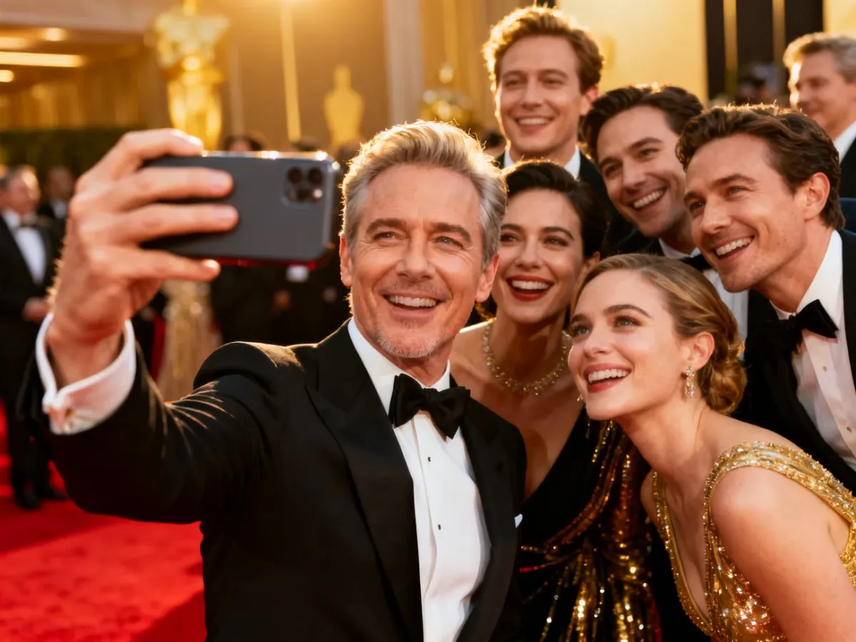 Grupa elegancko ubranych osób wykonująca wspólne selfie podczas gali rozdania nagród