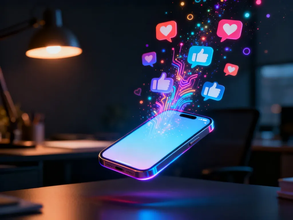 Świetlisty smartfon z unoszącymi się ikonami mediów społecznościowych, symbolizujący tworzenie angażujących treści.