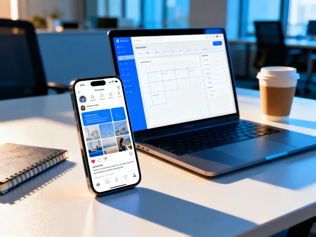 Smartfon i laptop na biurku symbolizujące przygotowanie angażującego posta firmowego