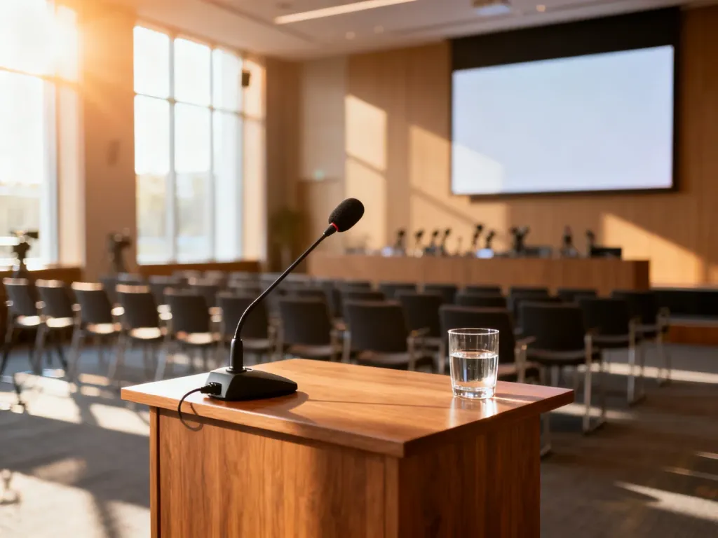 Nowoczesna sala konferencyjna z mównicą i mikrofonem, przygotowana do profesjonalnego spotkania z mediami.
