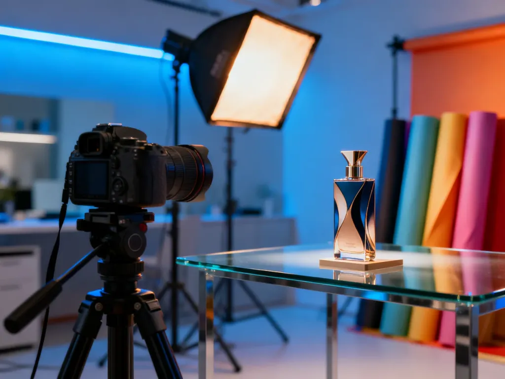 Profesjonalne studio fotografii reklamowej z aparatem na statywie, oświetleniem typu softbox i elegancką ekspozycją produktu.