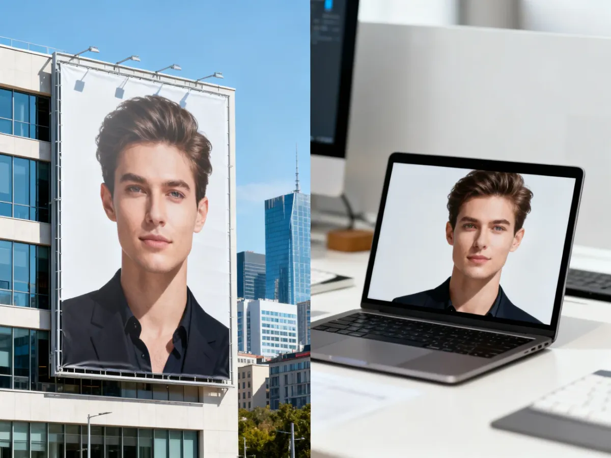 Fizyczny baner reklamowy na budynku obok cyfrowej reklamy displayowej na laptopie