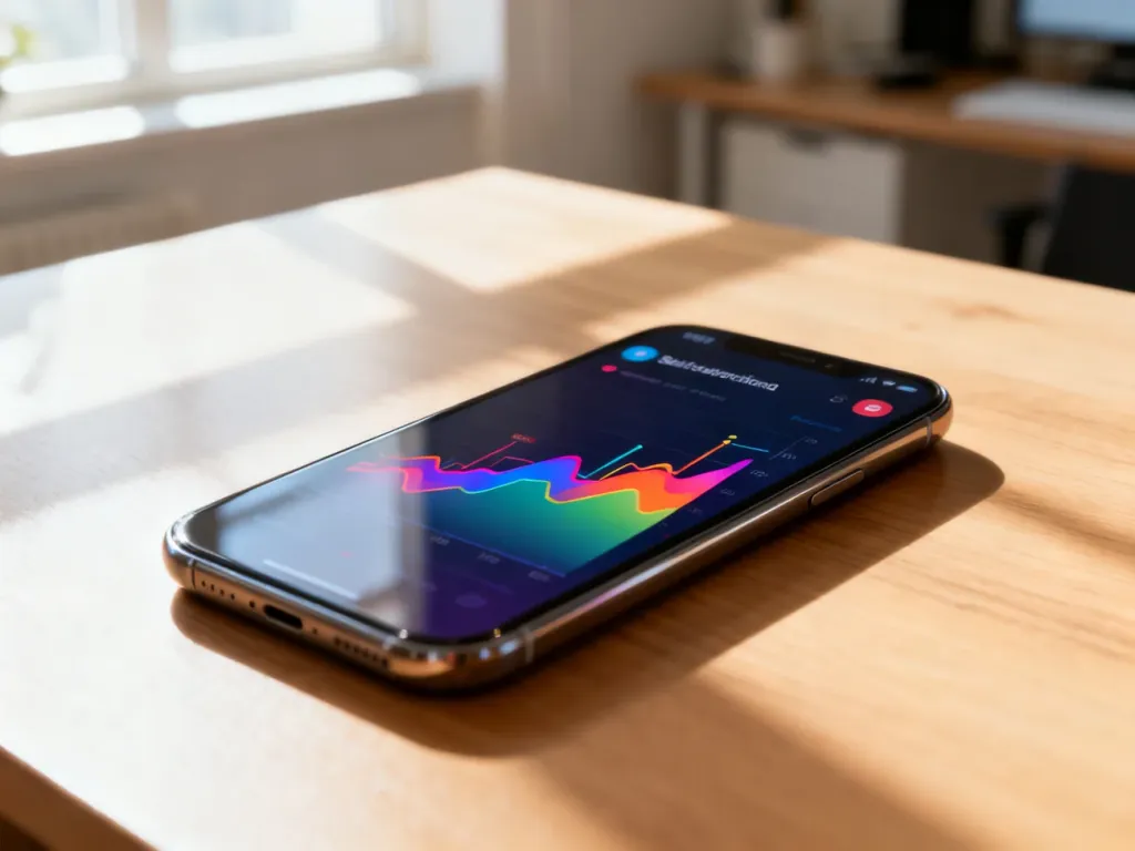 Nowoczesny smartfon z kolorowym wykresem powiadomień na ekranie, leżący na biurku w jasnym biurze domowym.