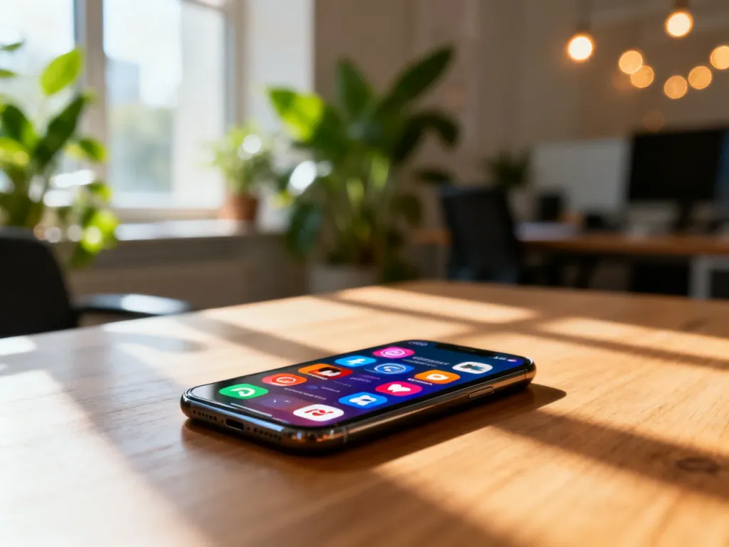 Nowoczesny smartfon z ikonami aplikacji społecznościowych na biurku, symbolizujący narzędzia marketingu influencerów.