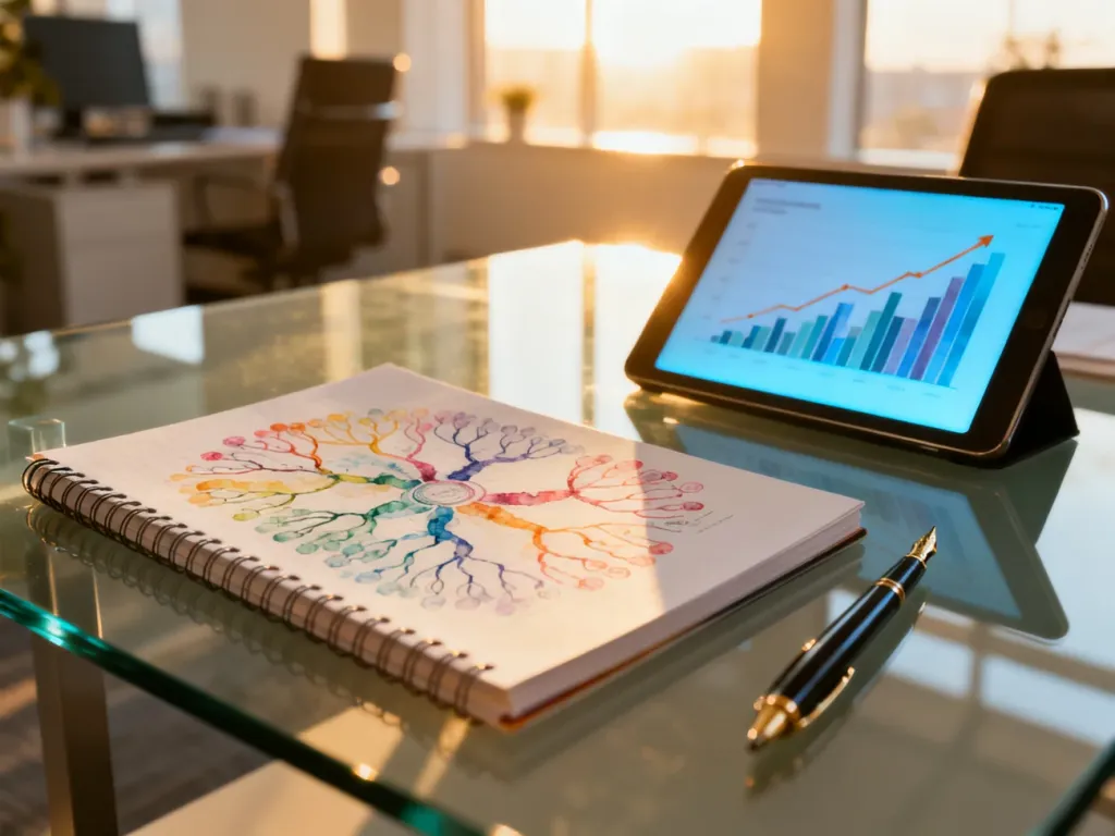 Minimalistyczne biurko z notatnikiem, mapą myśli i tabletem z wykresami wzrostu, symbolizujące planowanie strategii marketingowej.