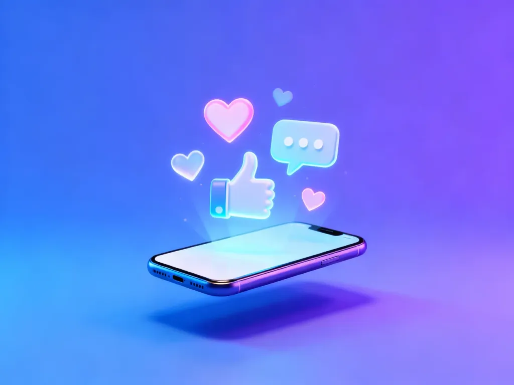 Smartfon z unoszącymi się ikonami interakcji, symbolizujący wzrost zaangażowania w mediach społecznościowych.