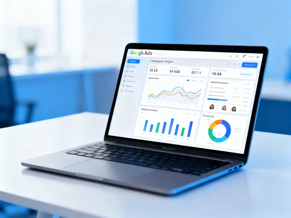 Analityk marketingowy analizujący kampanię reklamową Google Ads na laptopie