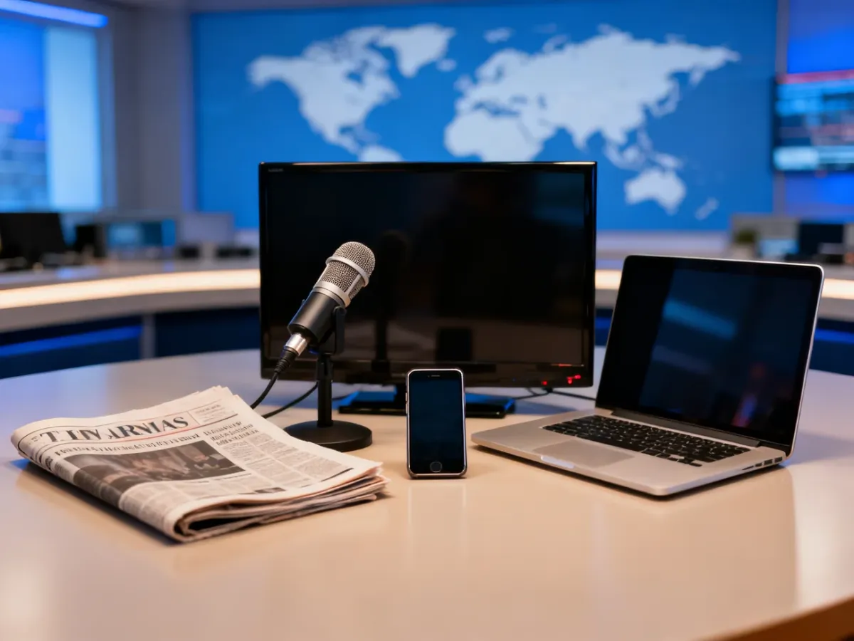 Różne rodzaje mediów: gazeta, radio, telewizor, smartfon i laptop w nowoczesnej redakcji