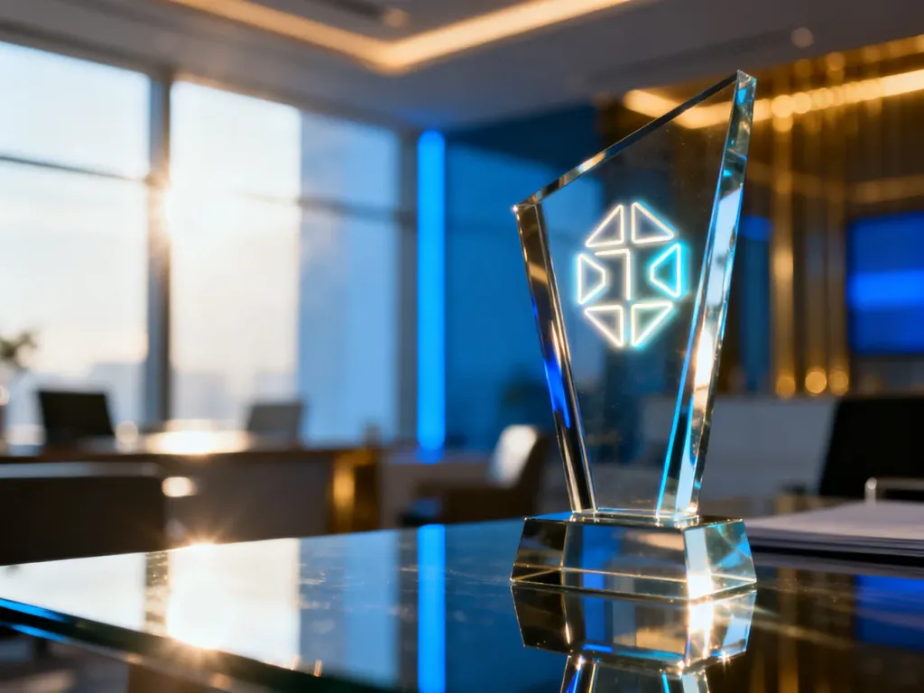 Nowoczesne szklane trofeum w biurowym wnętrzu, symbolizujące sukces i profesjonalną komunikację wizerunkową marki.