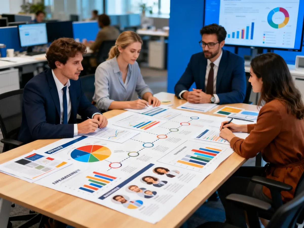 Zespół marketingowy planujący strategię przy użyciu wykresów i materiałów analitycznych