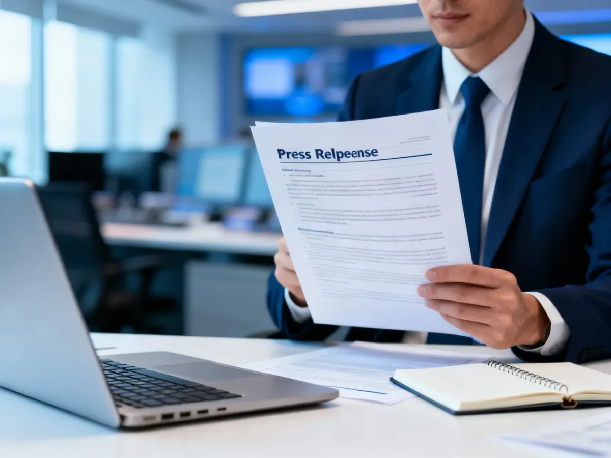 Specjalista PR analizujący dokument prasowy w nowoczesnym biurze
