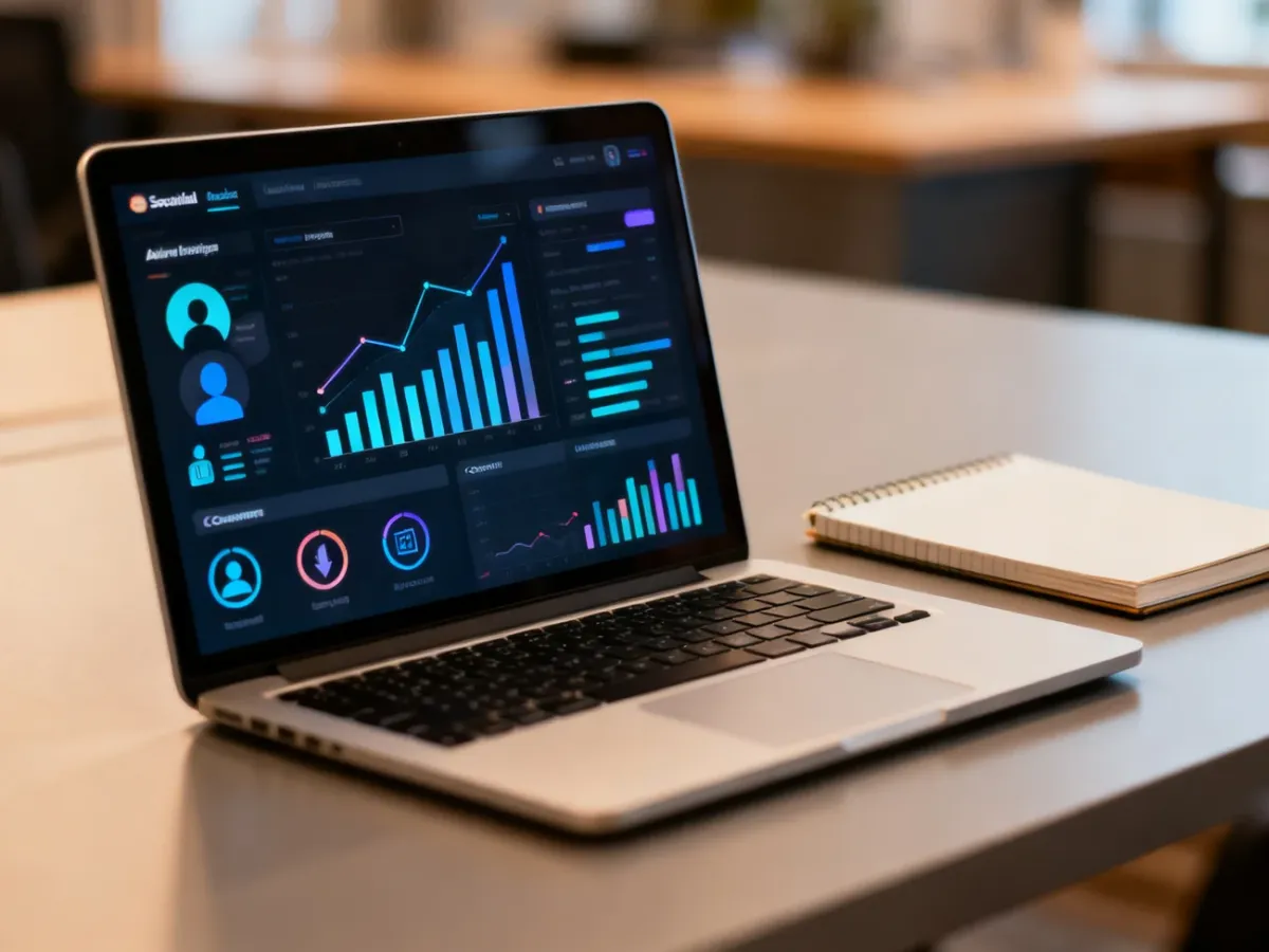 Laptop displaying abstract social media advertising analytics and conversion tracking