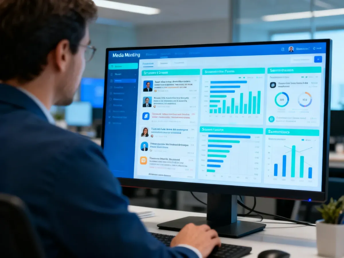 An analyst reviewing a media monitoring dashboard with organized media mentions and sentiment data