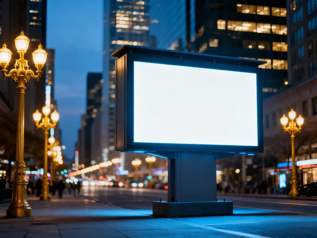 Pusty cyfrowy billboard przy ruchliwej ulicy w centrum miasta o zmierzchu, gotowy na wyświetlenie reklamy zewnętrznej.