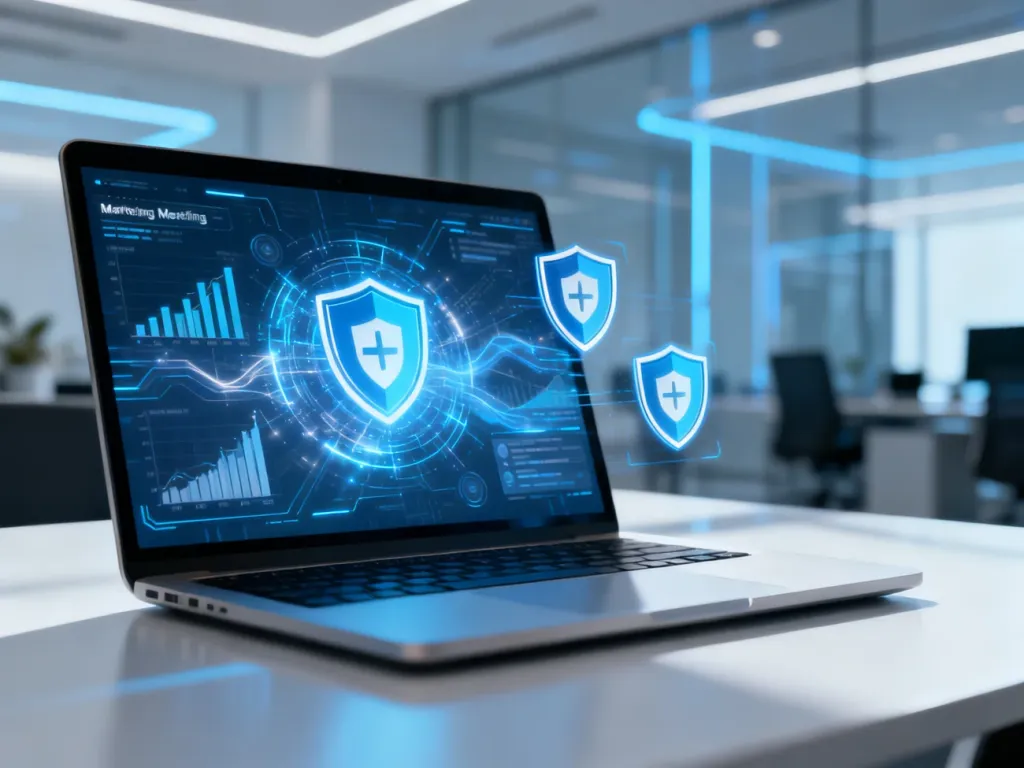 Nowoczesny laptop z interfejsem analityki cyfrowej i ikonami tarczy symbolizującymi bezpieczeństwo oraz zgodność z zasadami reklam.