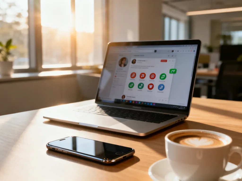 Nowoczesne biurko z laptopem i smartfonem, symbolizujące profesjonalne zarządzanie komunikacją w mediach społecznościowych.