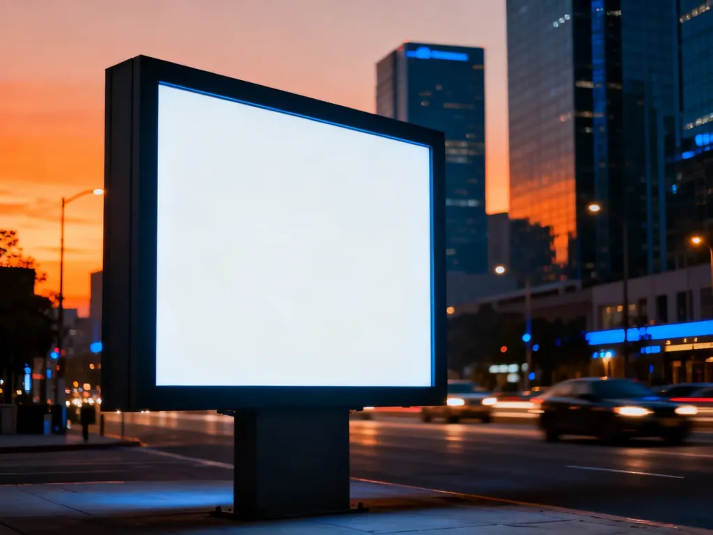 Pusty cyfrowy billboard na tle tętniącej życiem ulicy o zmierzchu, ilustrujący potencjał reklamy zewnętrznej w mieście.