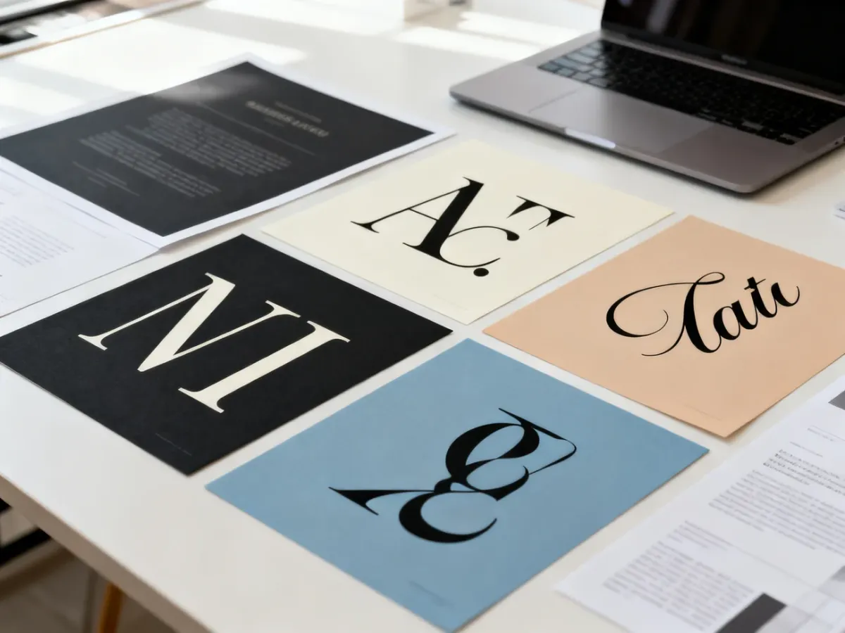 Moodboard przedstawiający różne style typograficzne na stanowisku projektanta