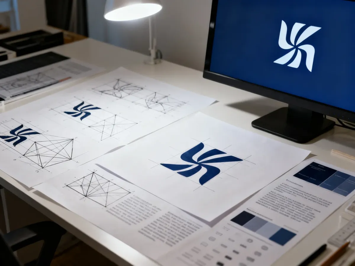 Pracownia projektanta z ręcznymi szkicami i konstrukcją geometryczną logo